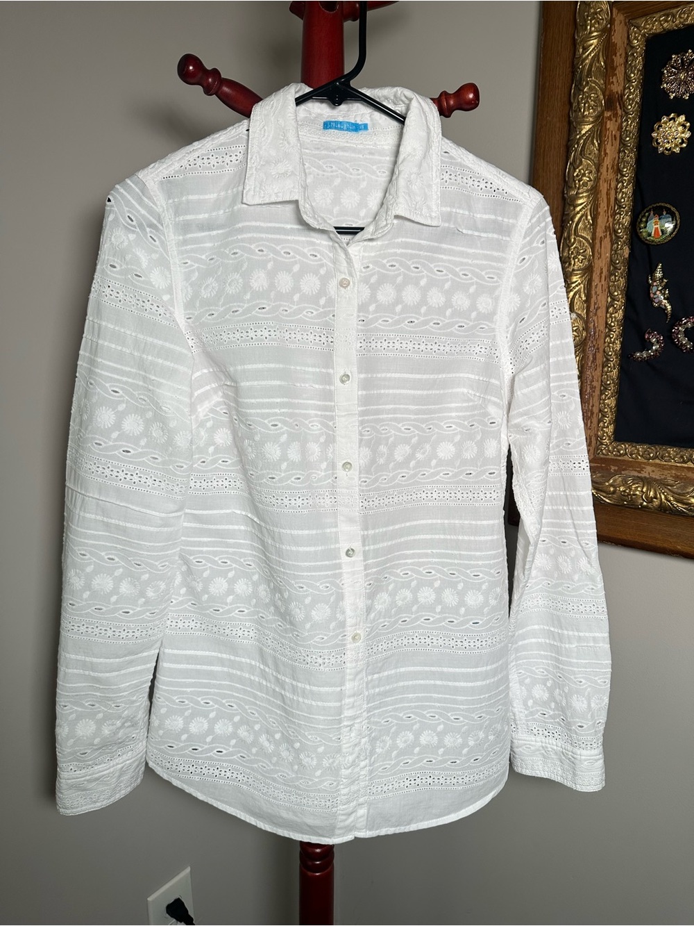 McLaughlin White Eyelet Lace Blouse Long Sleeve Shirt Boho Cottage Size S